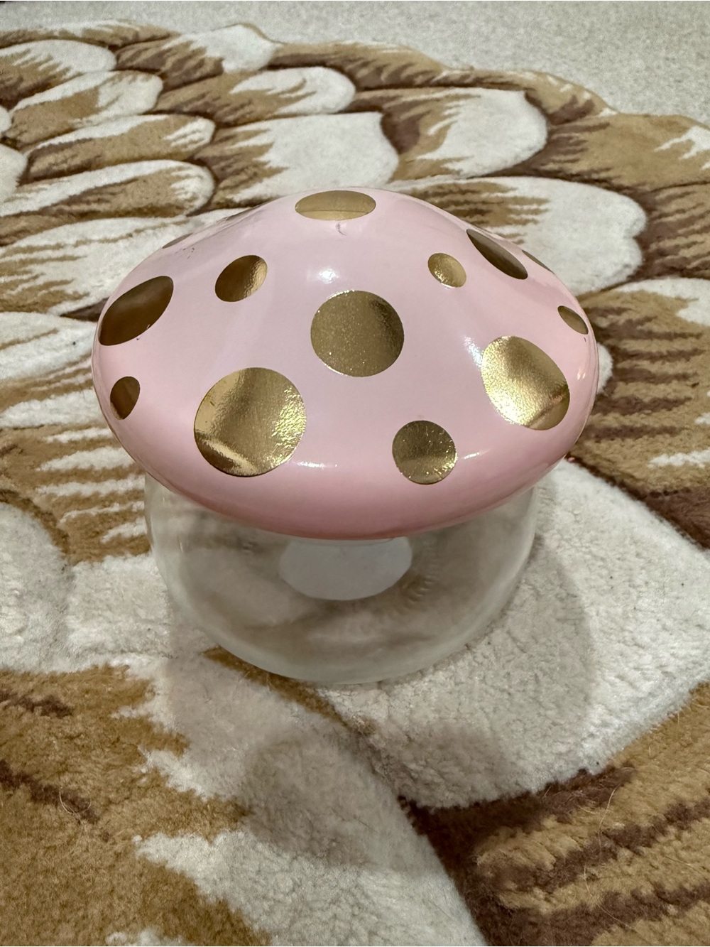 Target Bullseye's Playground Glass Mushroom Jar in pink metallic gold polka dot